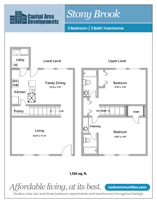 Floor plan for 2 beds, 2 baths, 1130 sqft